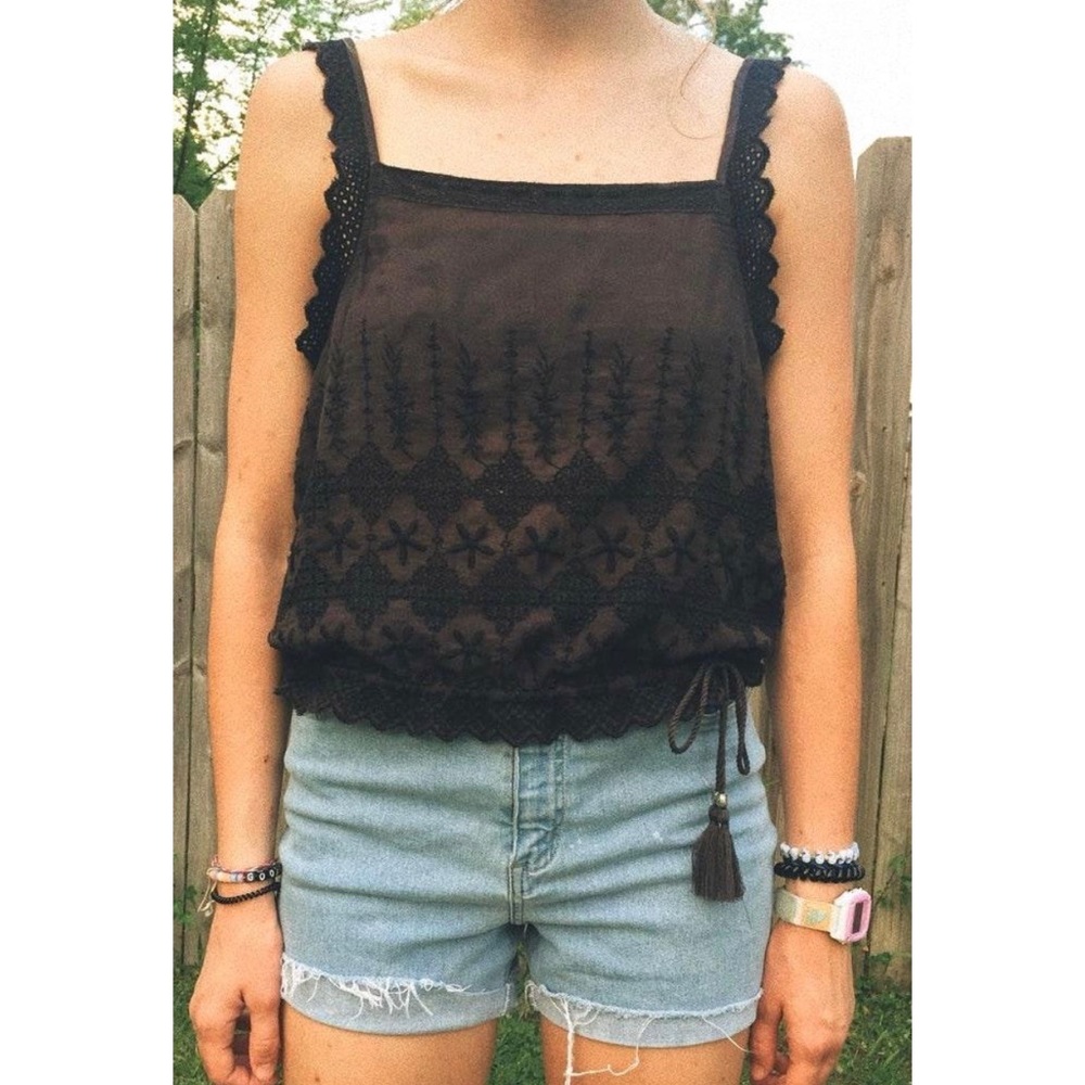 American Eagle Black Eyelet Tank with Tassel